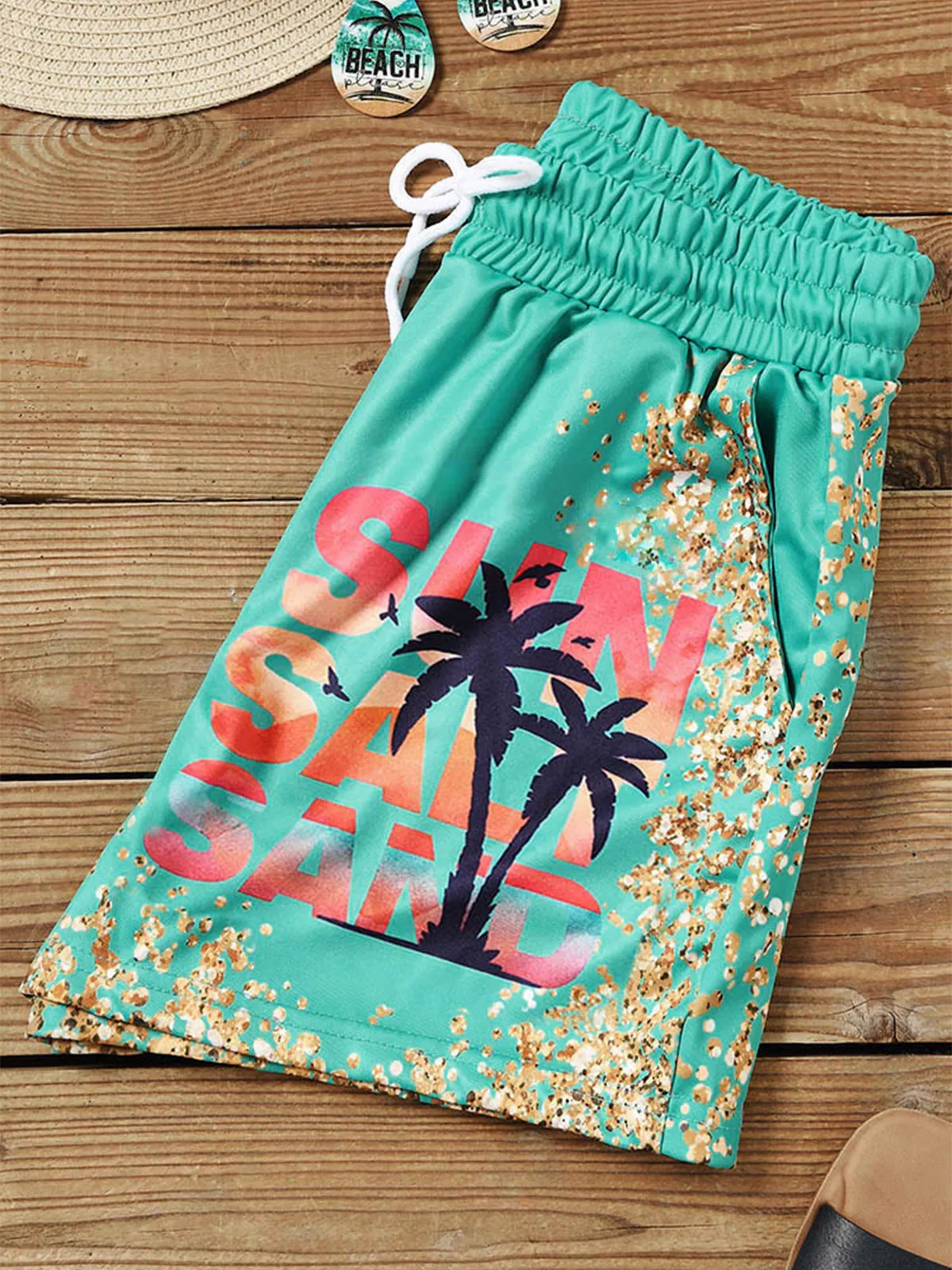 Fashion Sun Salt Sand Coconut Tree Glitter Pocket Shorts Women Clothing Beach Pants Outing Short korea style