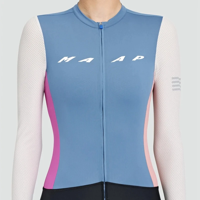 

2022 MAAP Women Spring Autumn Breathable Mesh Long Sleeved Cycling Jersey Hem Non Slip Webbing Patchwork Blue Top MTB Sport Shir