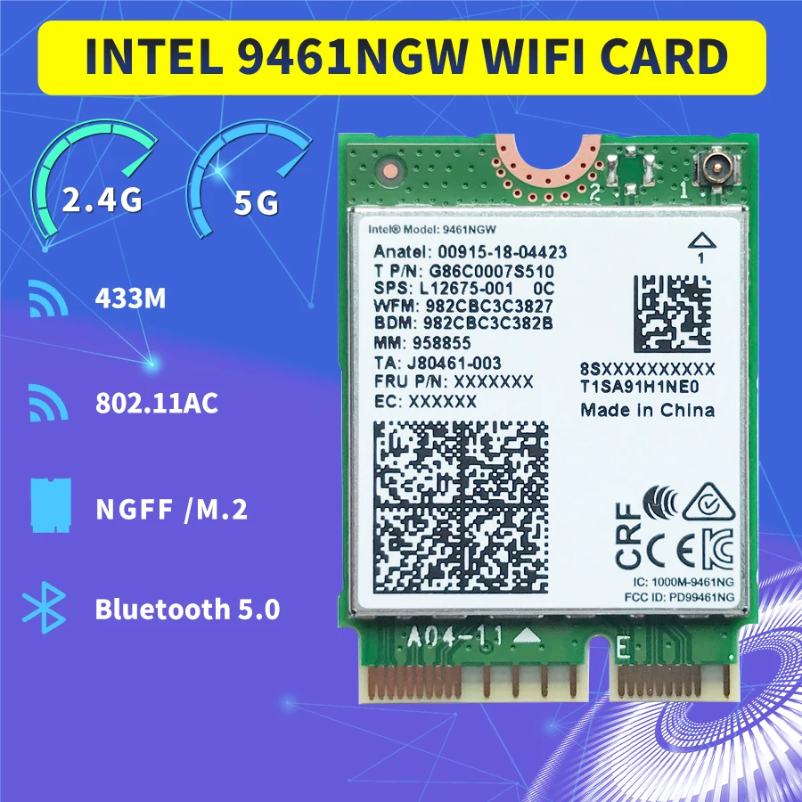 

WIRCARD Dual Band Wireless AC 9461 Intel 9461NGW 802.11ac NGFF Key E 2.4G / 5G WiFi Card bluetooth 5.0 CARD