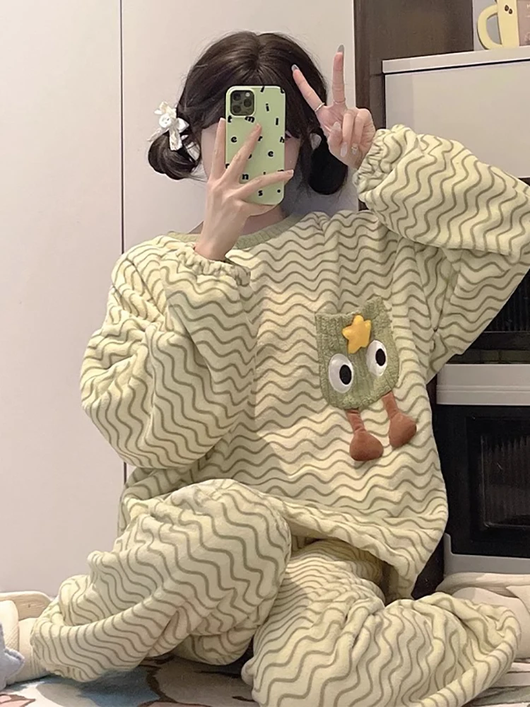 Японская мода GP коралловый флисовые пижамы женские 2024 зимние свободные большие