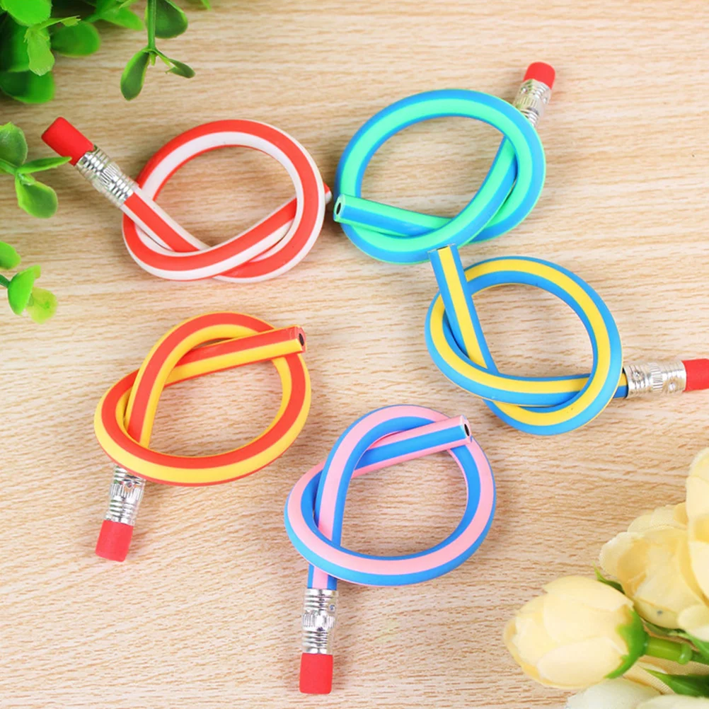 

10pcs Bendy Flexible Colorful Stripe with Eraser Childrens School Stationary Fun Writing Equipment for Kids Students
