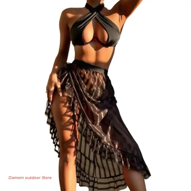 

Women's Triangle Bikini Set Tie Neck Backless 3 Piece Bathing Suit for Beach 3pc