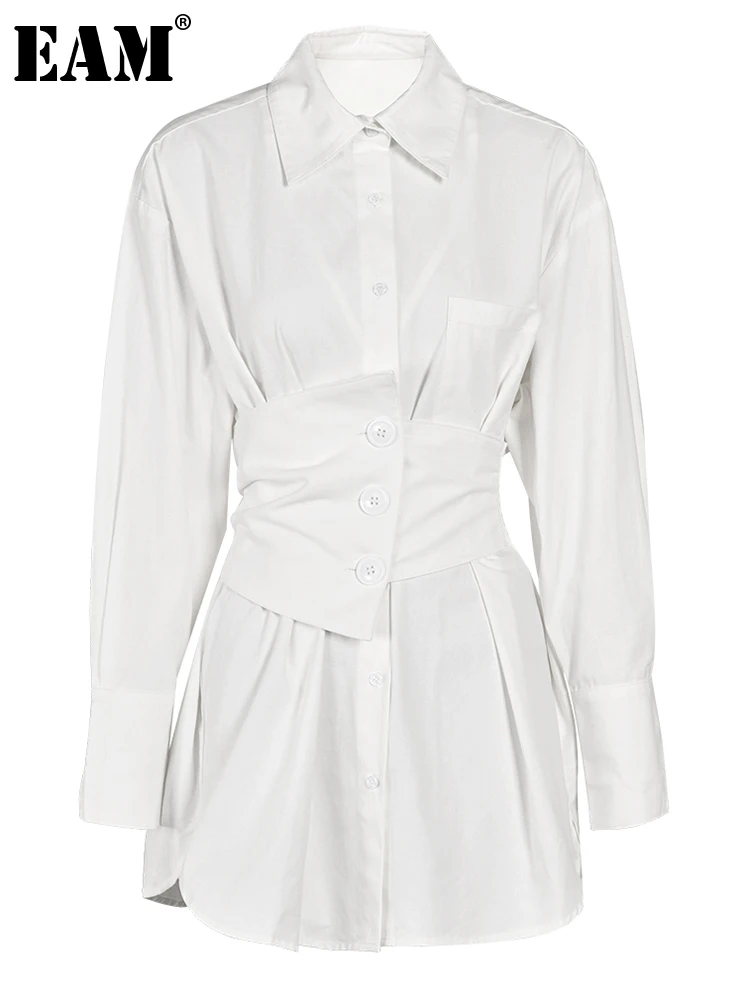 

[EAM] Women White Pleated Belted Elegant Mini Shirt Dress New Lapel Long Sleeve Loose Fit Fashion Spring Autumn 2023 YX023200