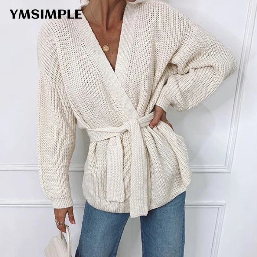 

Casual Loose V-neck Lace Up Cardigan Women Autumn Winter Long Sleeve Knitted Sweater Streetwear Female Clothing with Belt Coats