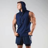 2022 fitness hooded t shirt men summer solid color cotton sleeveless breathable casual tees gym training clothes sportswear man