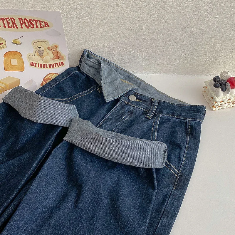 

Длинные брюки с высокой талией и широкими штанинами для женщин, модная весенняя одежда для старшей школы, женские повседневные синие хлопко...