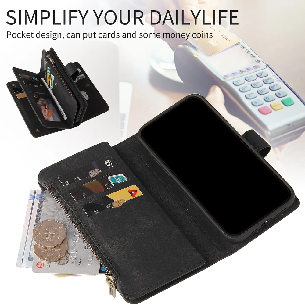 Кожаный чехол-бумажник для Xiaomi Poco F4 GT M4 M3 12 11 10T Lite Redmi A1 Note 10 9 Pro Max K40 на молнии