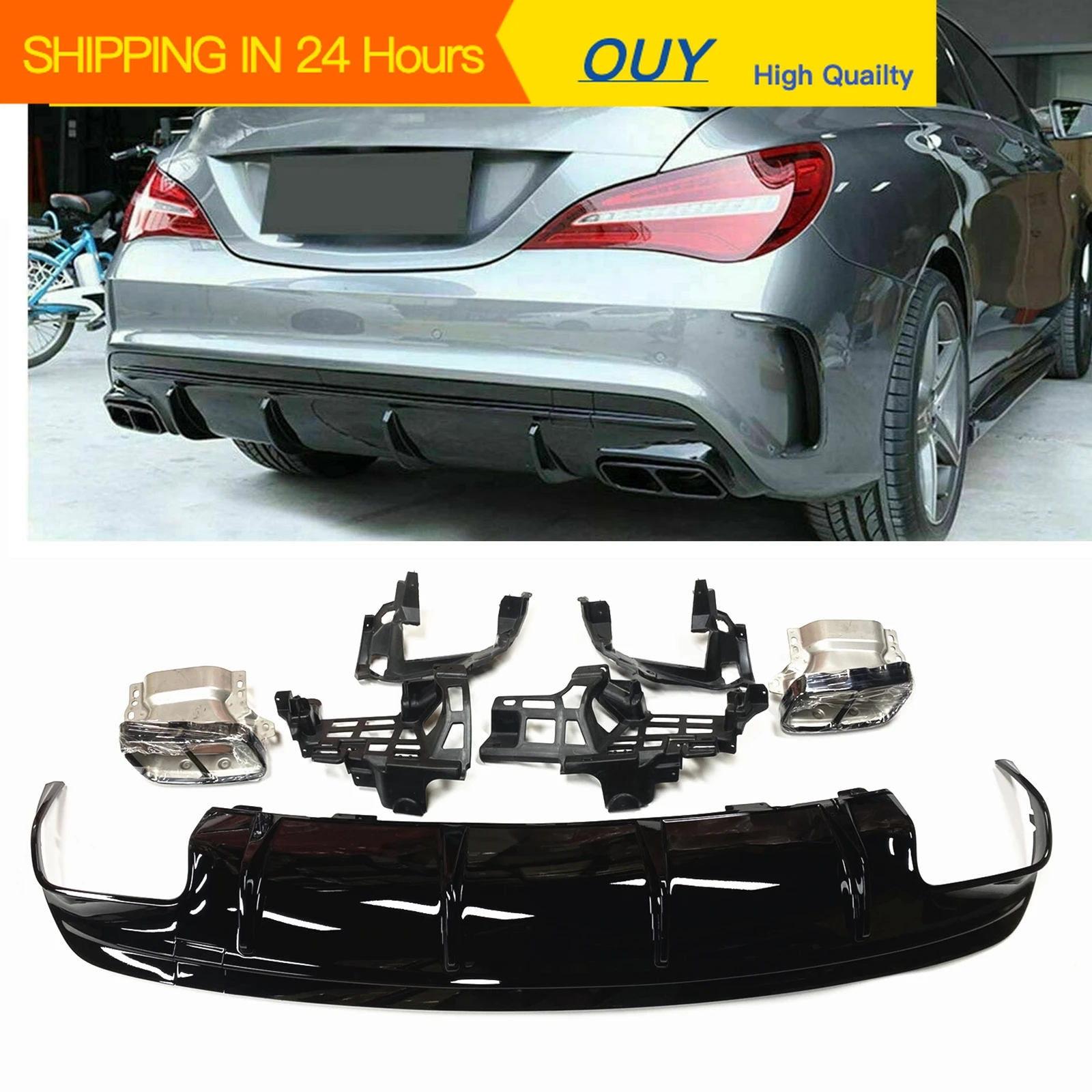 Фото OUY Для Mercedes-Benz W117 C117 CLA Class CLA45 AMG CLA200 2013-2019 Спортивный задний бампер, диффузор, насадка на выхлопную трубу, кронштейн глушителя №1