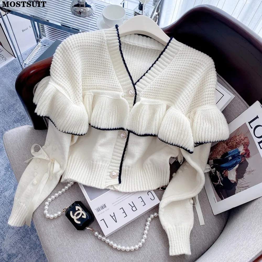 

Женский однобортный Кардиган с оборками, укороченный свитер с V-образным вырезом и длинным рукавом, элегантный стильный жакет, пальто, джемп...