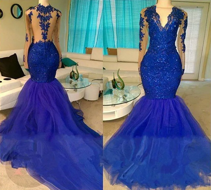 

Royal Blue Mermaid Prom Party Dresses Sexy Illusion Long Sleeves Sheer Back Appliqued Sequin Formal Evening Gowns Robe De Soiree