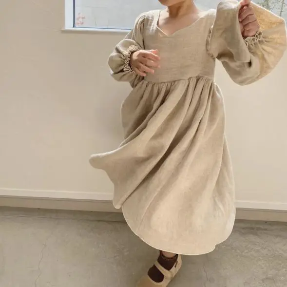 

2023 New Autumn Kids Dresses Girls Cute Long Sleeve Linen Princess Dress