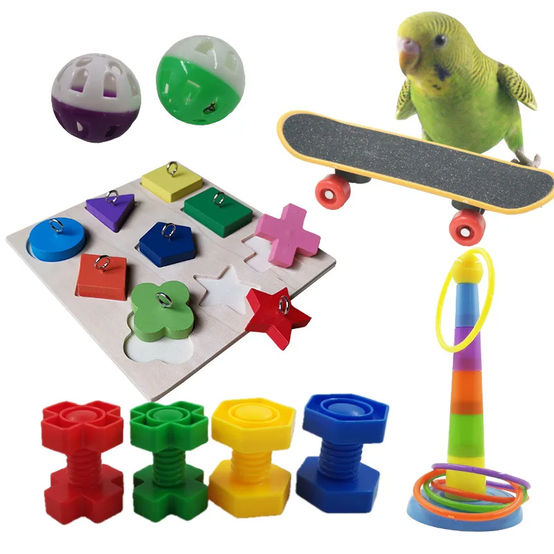 

Parrot Bite Toy Interactive Building Block Skateboard Ferrule Plastic Bell Ball Bird Toy 9-piece Set