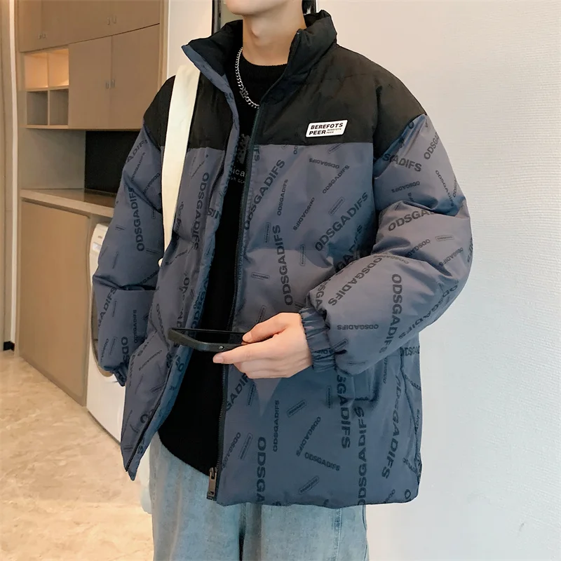 2023 Men Winter Jacket Thicken Warm Cotton Loose Stand Collar Harajuku Casual Parkas Coats