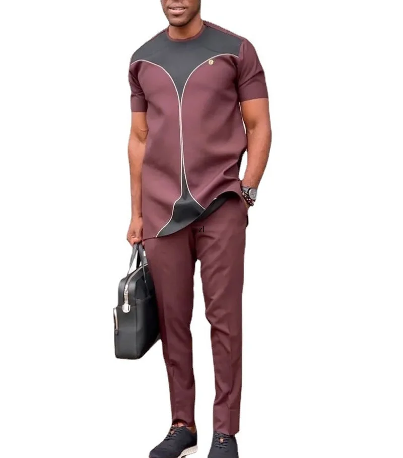 

2022 Summer African Men Short Sleeve Polyester Two Pieces Sets Top and Long Pant African Clothes Men M-3XL
