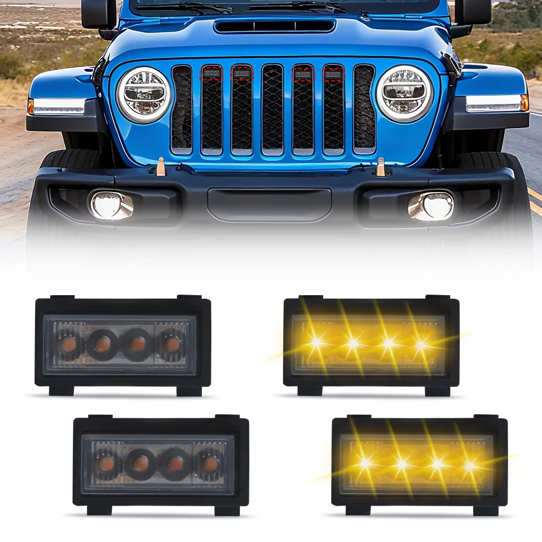 

4 шт. светодиодные фонари на решетке для Jeep Wrangler JL 2018 2019-2023 Предупреждающие переднюю решетку DRL Дневные ходовые огни Дневные фары Автозапчасти 12 В