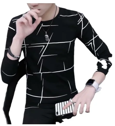 

2022NEW T Shirt Men Autumn Winter Men Long Sleeve T-shirt Stripe Shirt New Tshirt T Shirts O-Neck Casual Pink White Black
