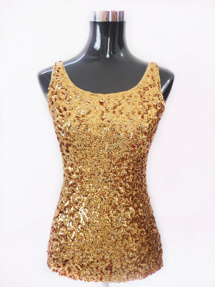 

2022 New Women Sequined Spaghetti Camisole Tank Tops Summer Clubwear Tops Sexy Round Neck Sequin Camis Vest Tops Golden