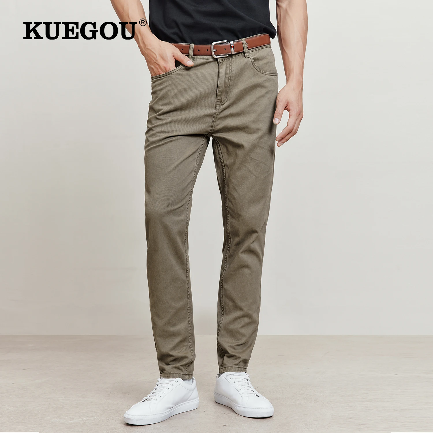 

KUEGOU 2022 New Spring 100% Cotton Trousers Clothing Men's Casual Pants High Quality Breathable Fashion Slim Plus Size KK-3022