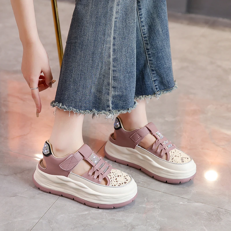2023 Suede Platform Wedge Comfort Fashion Lace Breathable Sandals Women's Thick Sports Shoes Summer Hollow Casual Shoes