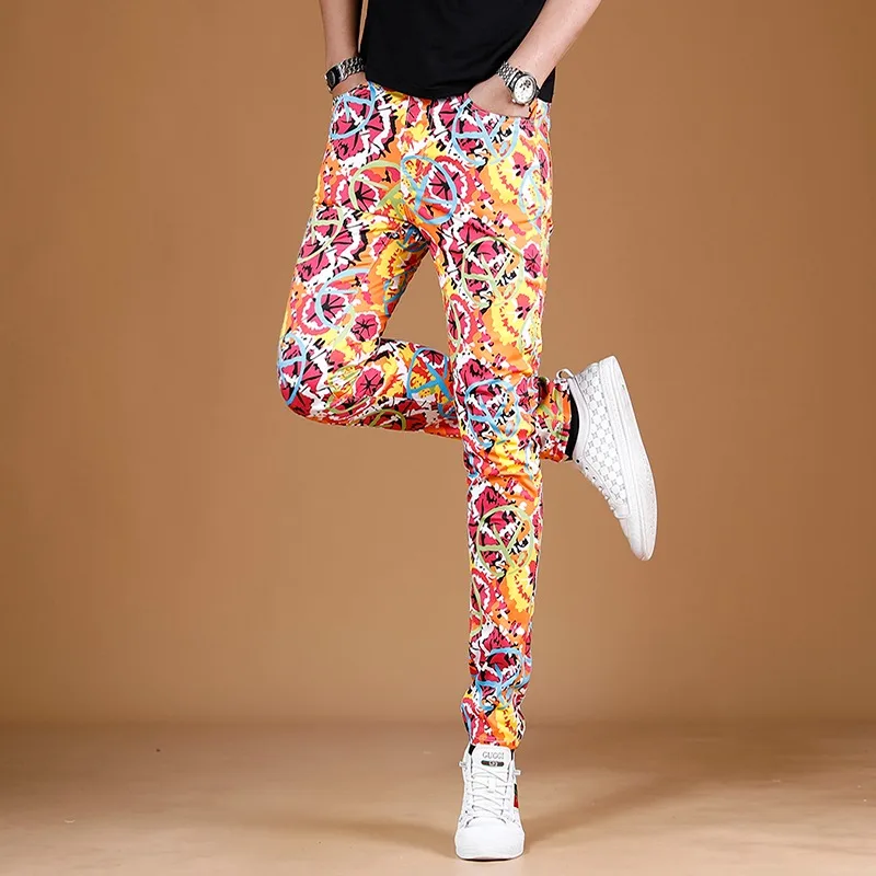 Jeans Men 2022 Summer Fashion Colourful Printed Pants Streetwear Graphic Jean Casual Straight Slim Fit Denim Trousers