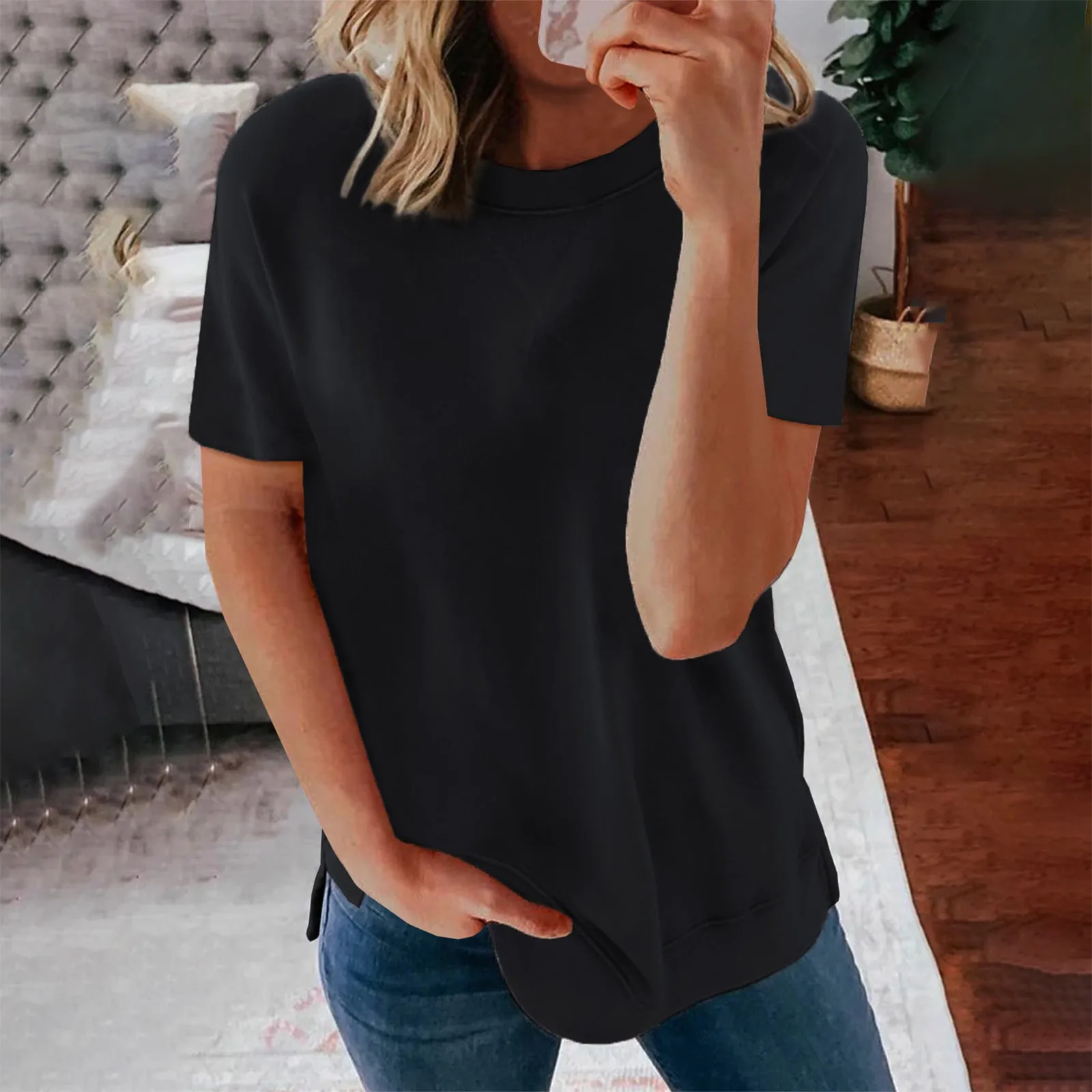 

New Solid Round T-shirt Color Short Neck Summer Women's Loose Tops Sleeve Fashion Women's T-shirts Spandex Cotton Women