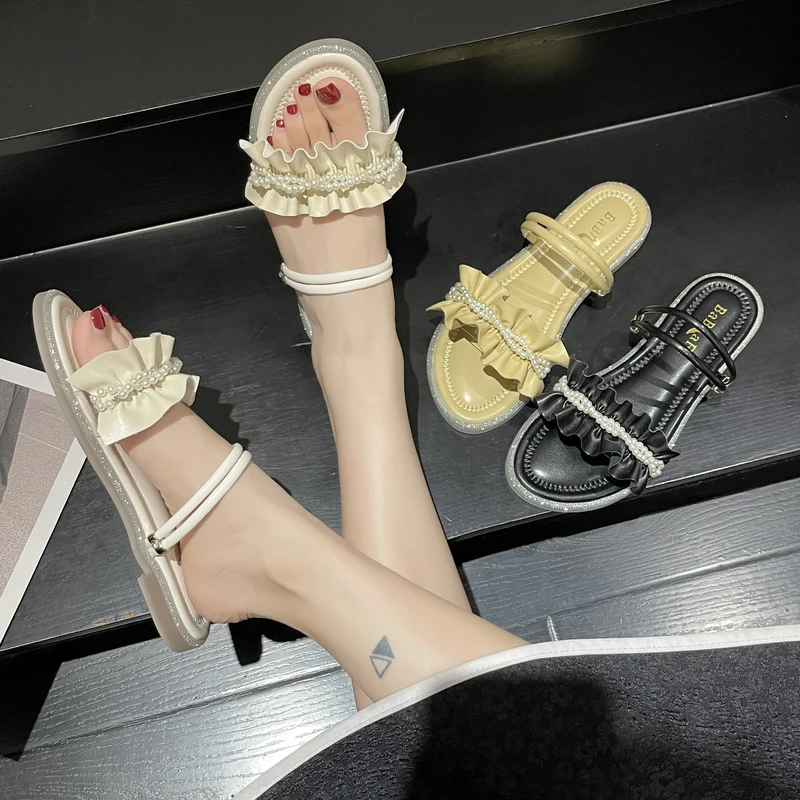 

Low Slippers Women Summer Slides Female Shoes Fashion String Bead 2022 Luxury Flat Rubber PU Sweet Scandals Slippers Women Summe