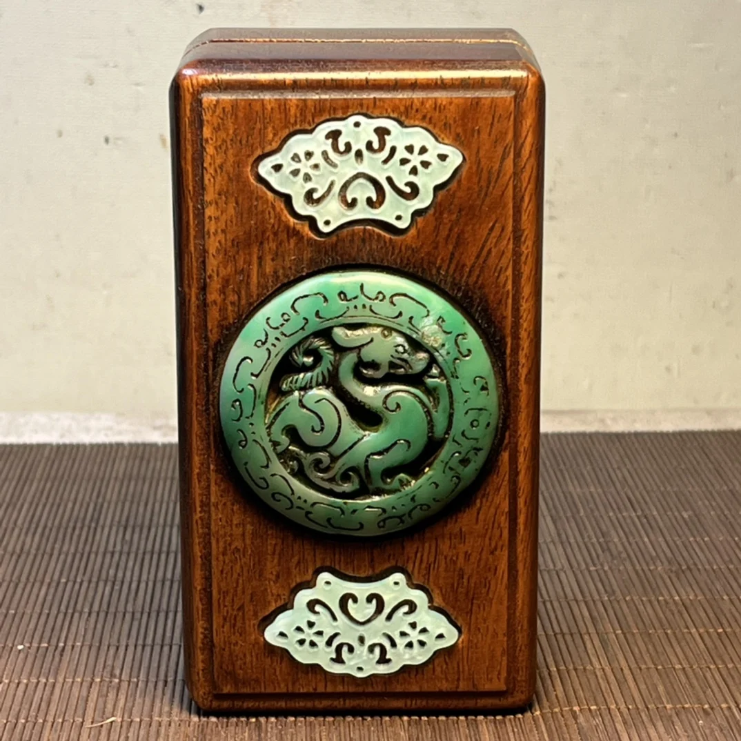 

Collect Exquisite Hand-carved Huanghuali Wood Carving Inlaid Jade and Stone Square Box Handicraft Home Decoration#3
