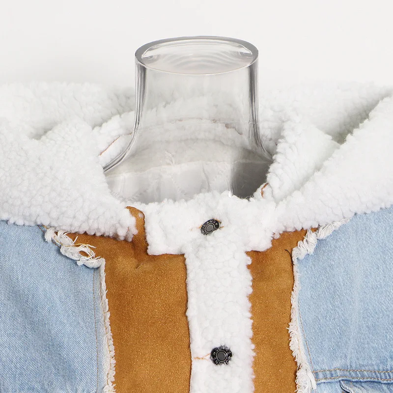 Women Furry Denim Jacket Autumn and Winter Contrast Color Stitching Large Pocket Lamb Wool Coat