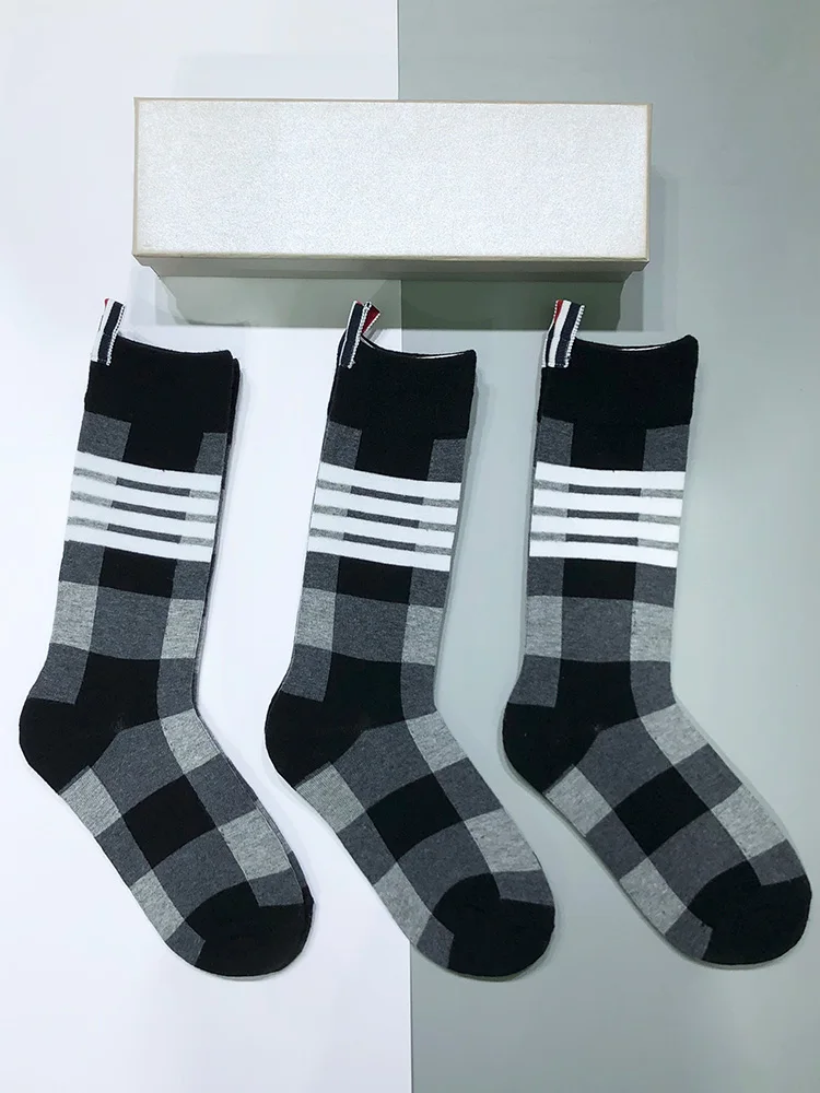 

3 pairs of tb mid-tube socks women's four-bar plaid cotton stockings spring and autumn deodorant sports socks men