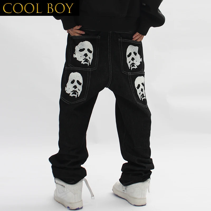 

E BOY Bronzing Character Print Vibe Style Casual Jeans Mens and Womens Streetwear Oversized Ripped Baggy Denim Trousers