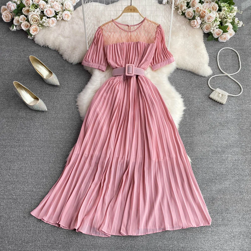 

Vestidos De Mujer Maxi Short Sleeved Casual Women Party High Waist Elegant Clothing Robe Sexy Vintage Pleated Belt Zipper Dress