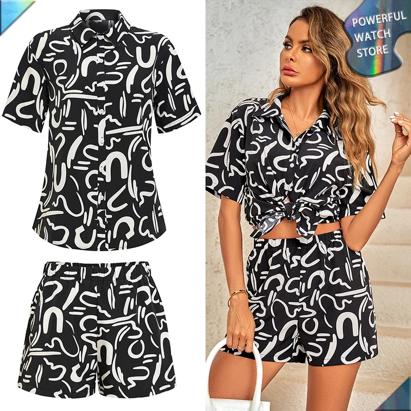 

Fashion Apricot Print Lapel Loose Short Top Shirt Set Beach 2023 Summer Two Piece Set Casual Women's Shorts Suits Streetwear