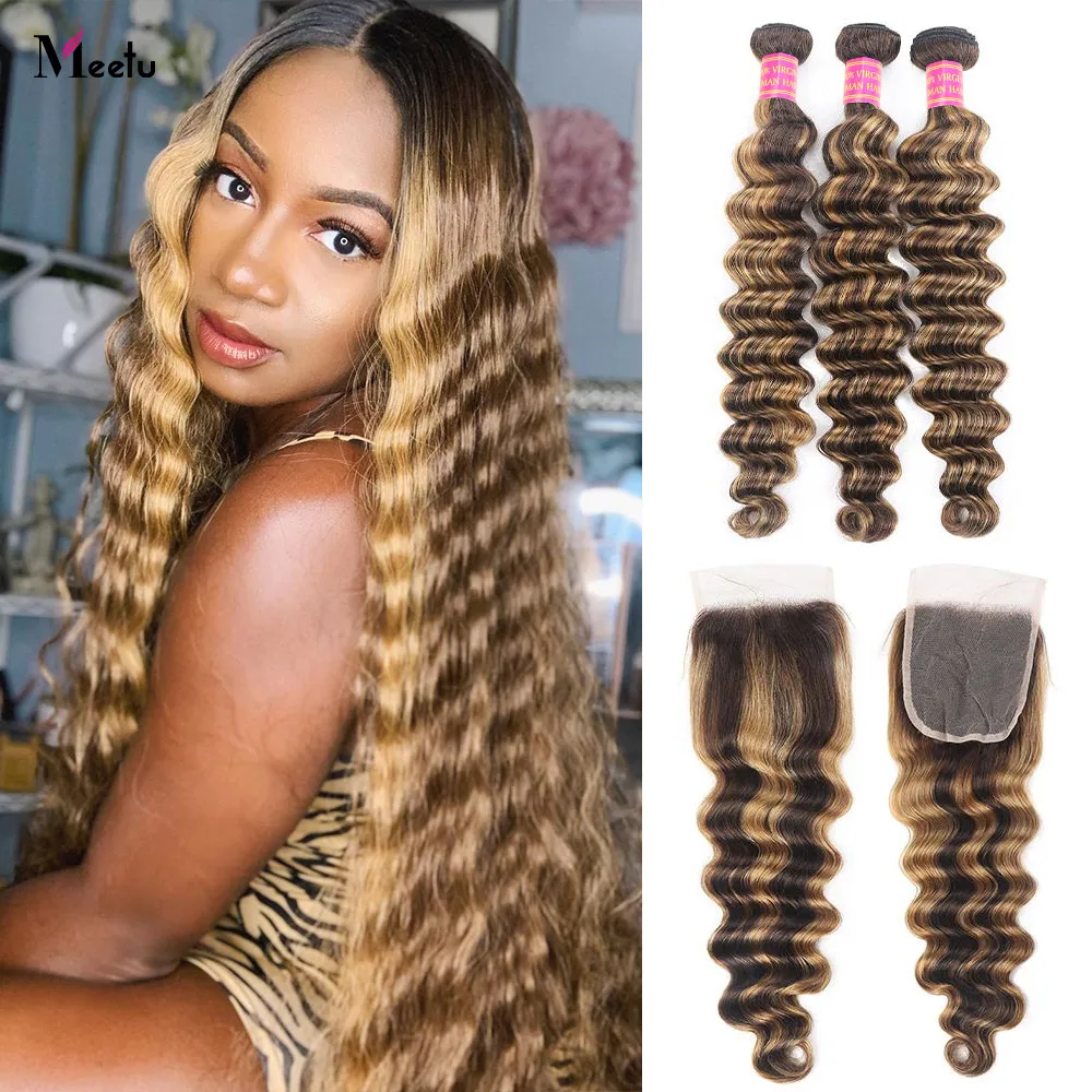 

Meetu Bundles With Closure Highlight Loose Deep Wave Bundles With Closure Brazilian Remy Ombre Bundles With 4x4 Lace Closure