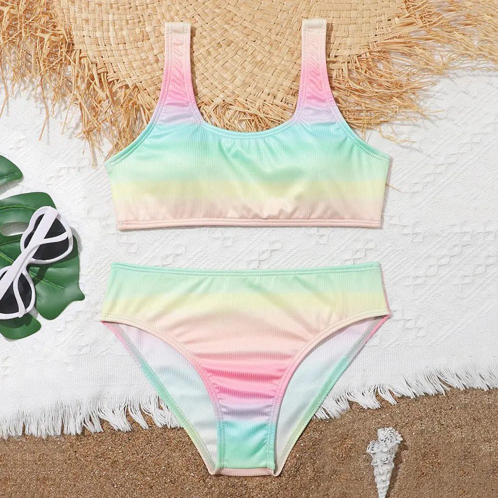 

Girls Ombre Ribbed Bikini Swimsuit Kids Beach Sport Two Piece Children's Swimwear 7-14 Years Teen Bathing Suit Summer Beachwear