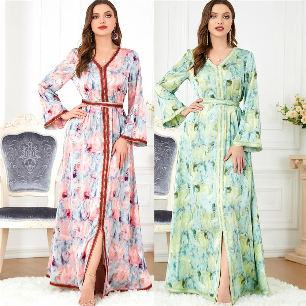 

Muslim Abaya Women Floral Printed Maxi Dress Split Hem Turkey Arab Islamic Ramadan Kaftan Party Morocco Jalabiya Caftan Vestidos