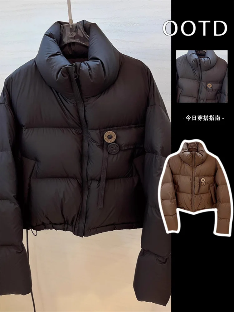 Small Cold-Proof down Coat Outerwear Women 2024 Winter New Solid Fluffy Design Short Stand Collar Top