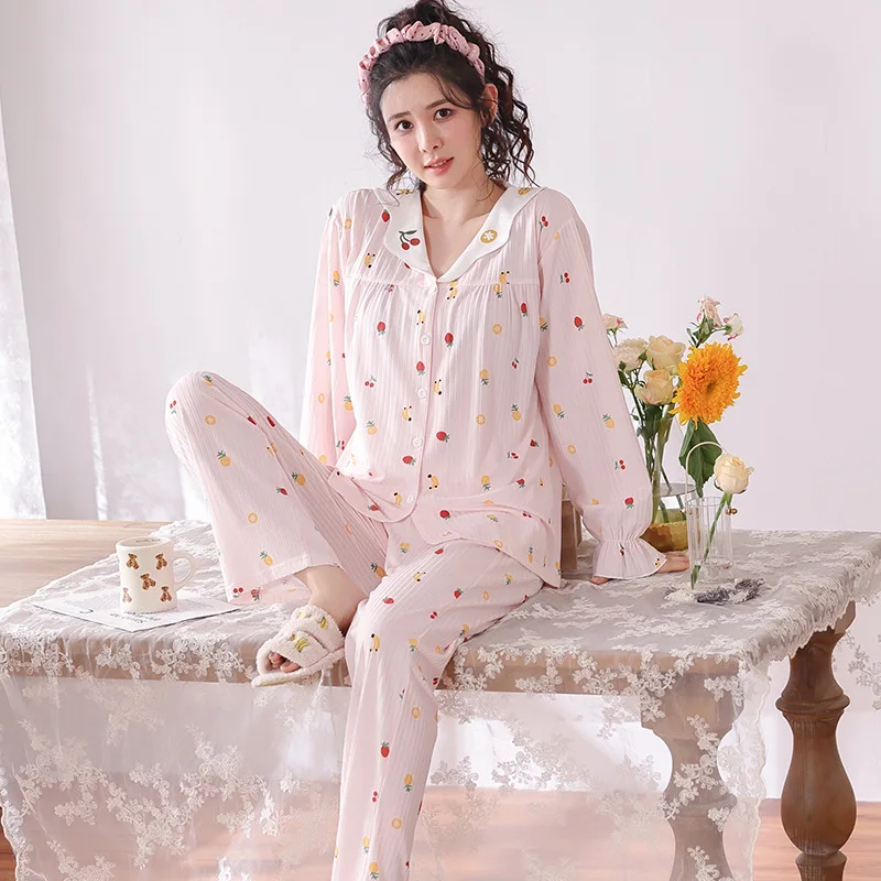 New Fresh Cotton Floral Sleepwear Women Spring Autumn Home Clothes Lapel Long Sleeve Shirt Pant Suit Female Pajamas M-4XL