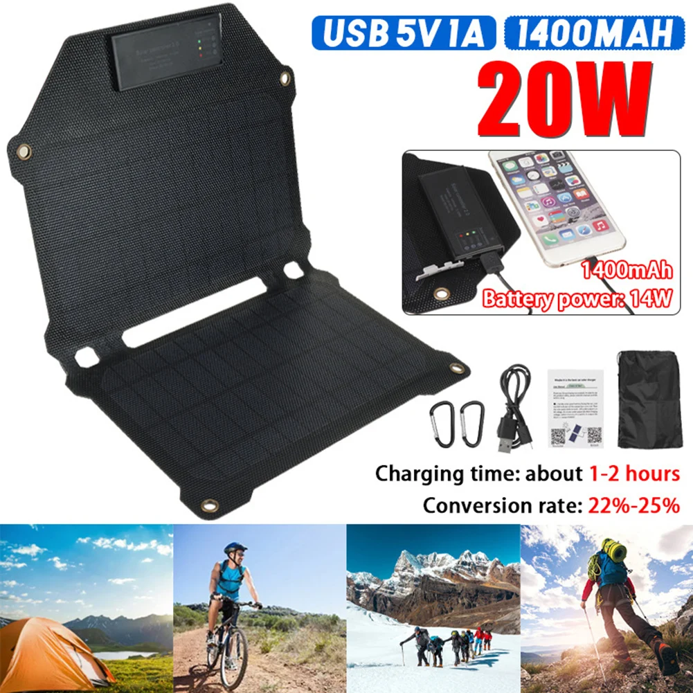 

USB 5V 20W Outdoor Hiking Waterproof Solar Panel Phone Power Bank Solar Charger Accessories with 2 Carabiner for Travel Camping