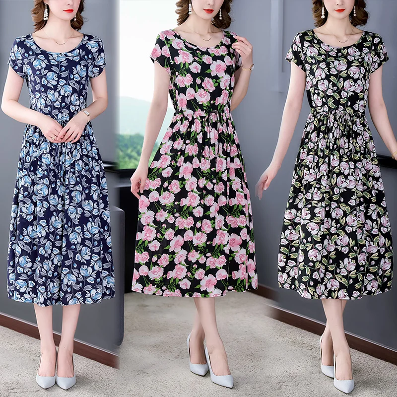 Cotton Silk Dress Women Mid-Length Fashion Outer Wear Plus size Middle-Aged and Elderly Middle-aged Long Skirt Wa...