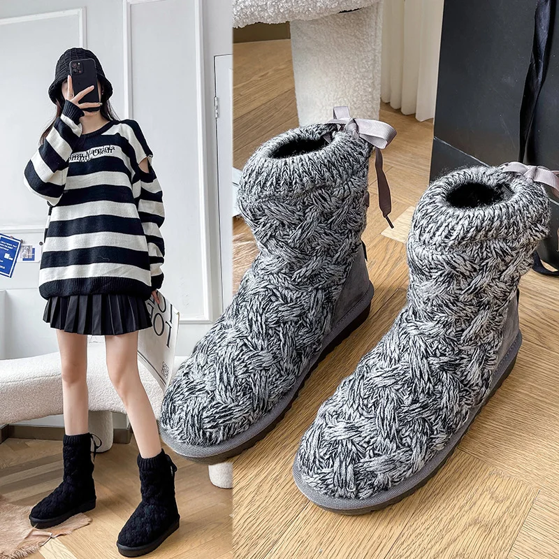 

2022 snow boots women's wool and fur knitting bows plus velvet thickened tall gray women's cotton shoes womens platform boots