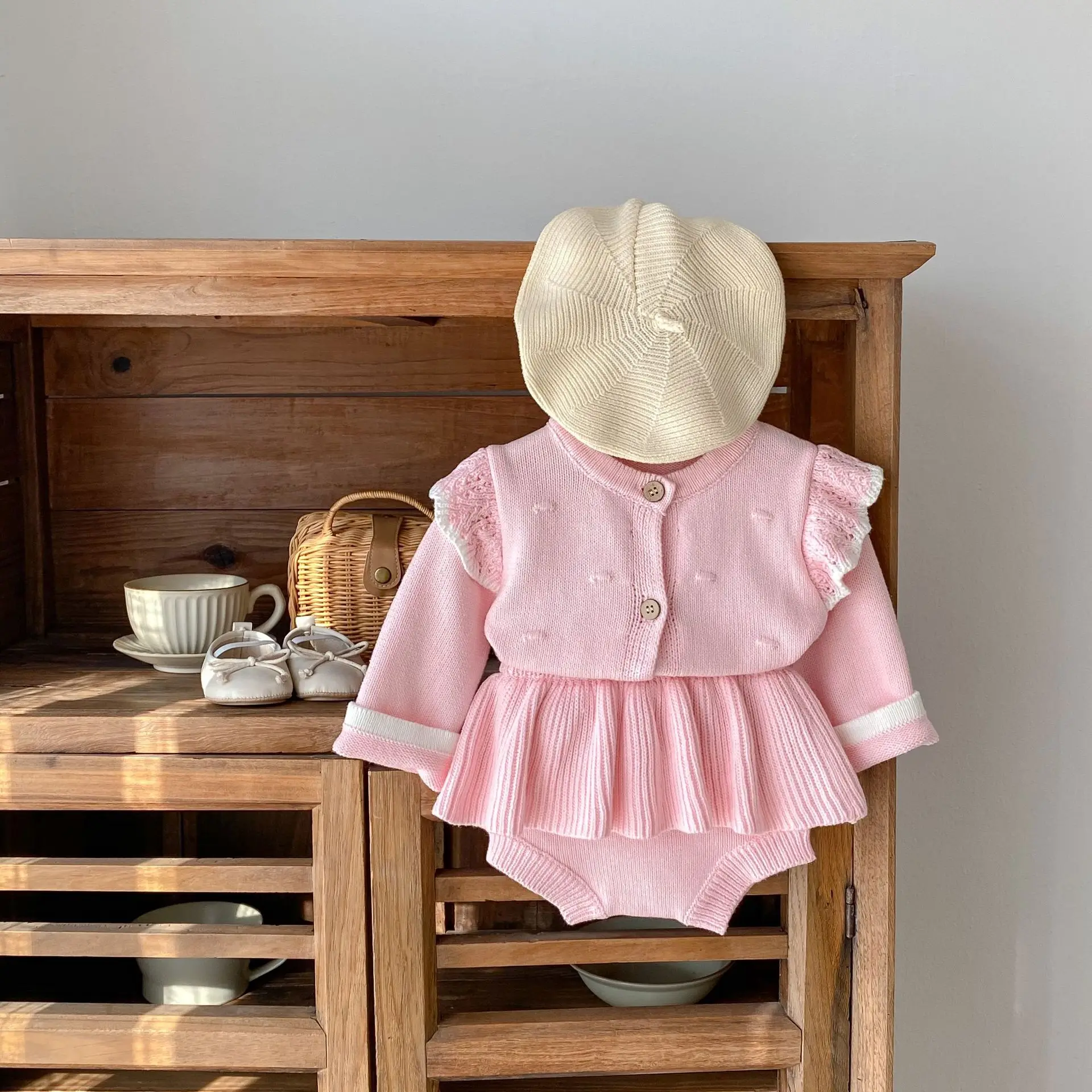 

Children Knitted Sweater Suit Sweet Girls Pink Cardigan+Short Pantskirt Kids Soft Suit Clothes for 0-3Years Toddller Autumn New