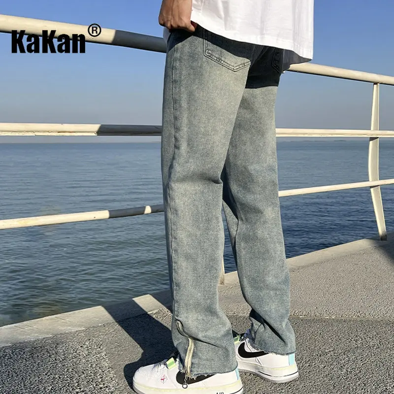 Kakan - European and American New Men's High Street Pant Hem Zipper Jeans, Loose Hip Hop Wide Leg Casual Long Jeans K24-KJ515
