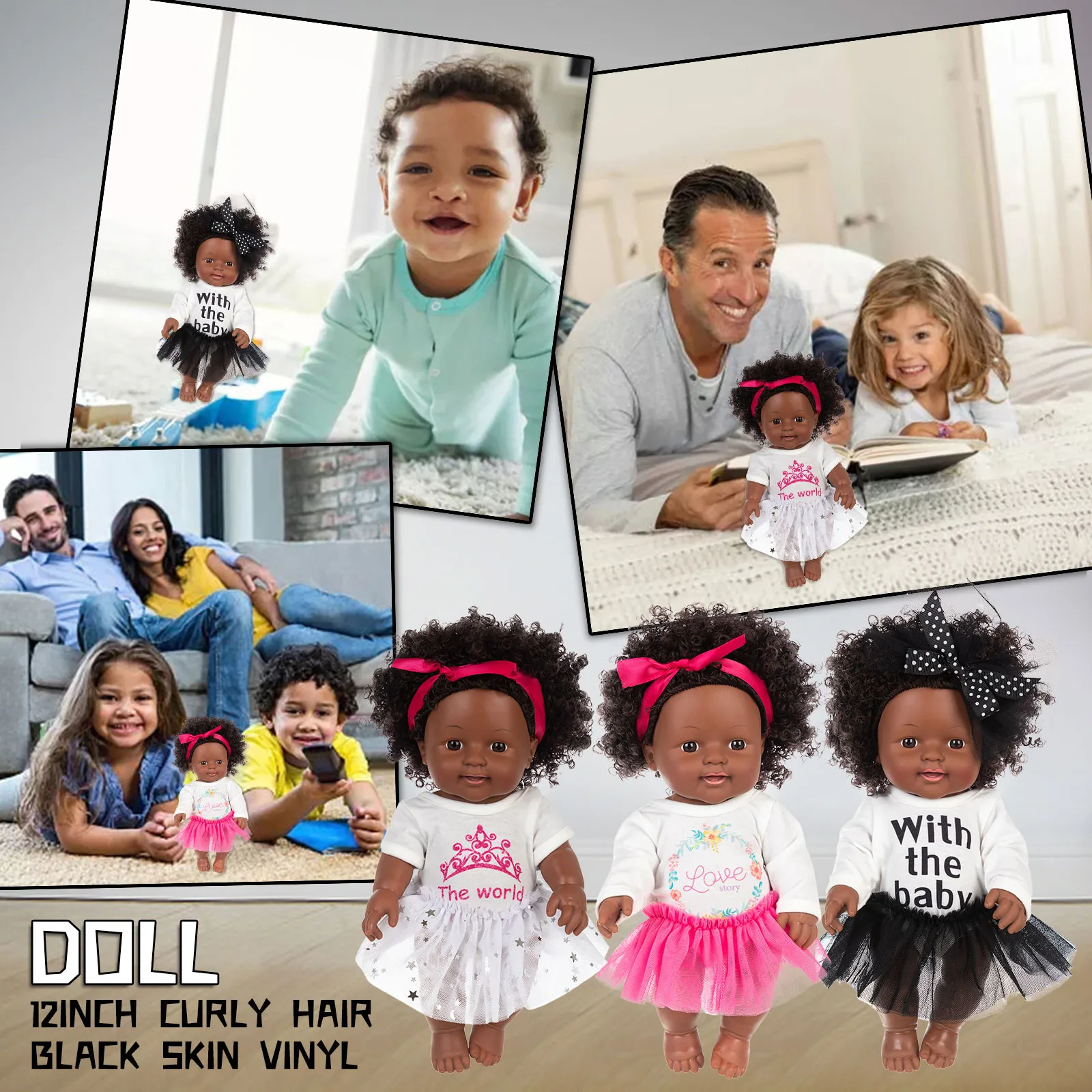 

12INCH Hair Cute Black Toy Skirt Vinyl Baby African Black Curly Skin Lace Baby Education Preschool