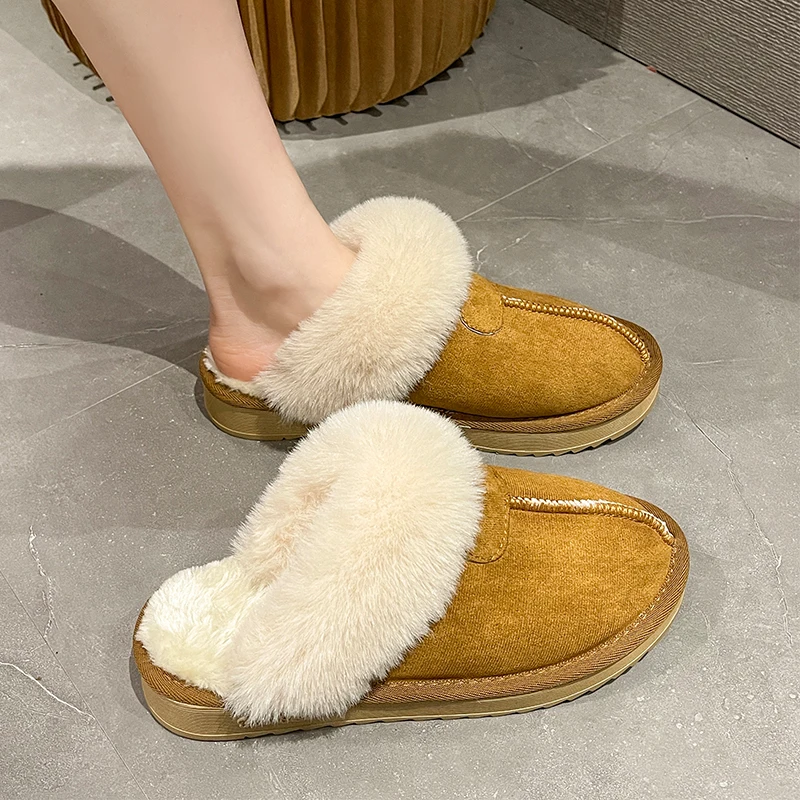 

Flat Shoes Female Cover Toe Lady Low Flock Plush Slippers For Adults Slipers Women Shallow Slides Fashion Girl Fur 2022 Luxury w