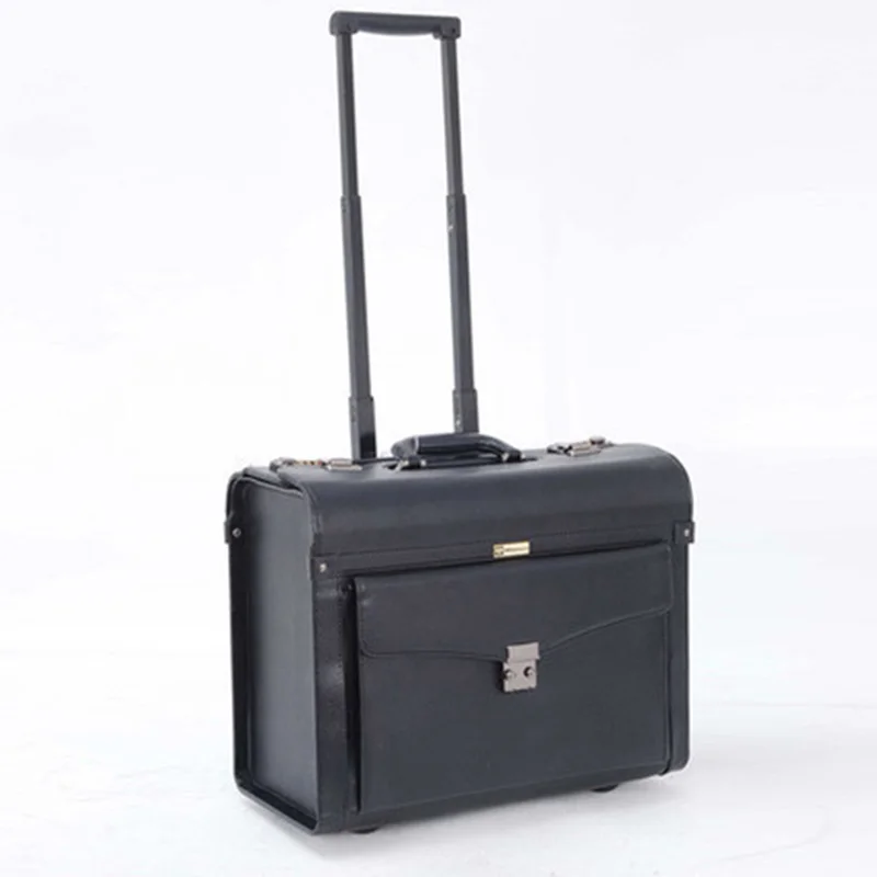 LeTrend Black PU Leather Rolling Luggage Suitcase Wheels 18 Inch Carry On Trolley Pilot Travel Bags Luggage Travel Suitcase