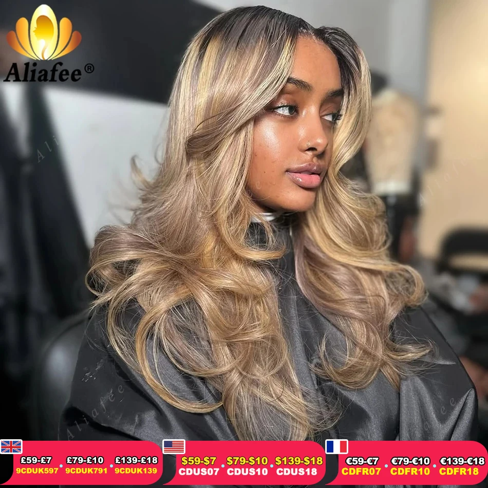 Фото Ombre 2 27 Dirty Blonde 13x6 Объемная волна Кружевные фронтальные парики Коричневые корни Ombre Blonde Предварительно выщипанные парики из 100% человеческих волос для женщин №1