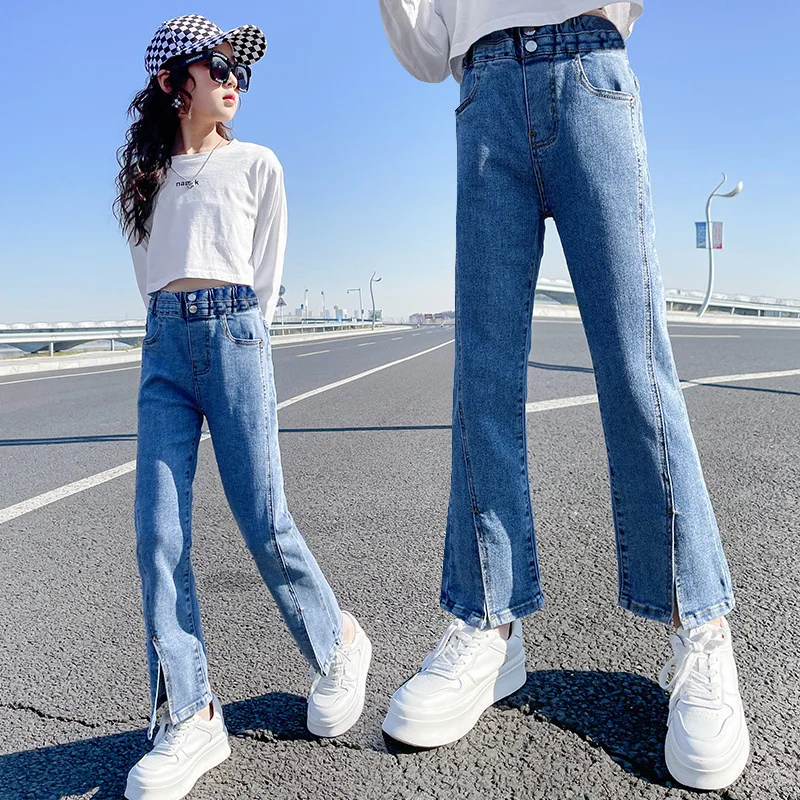 New Spring Autumn Children Jeans Girls Fashion Slit Flared Pants Casual Kids Denim Trousers Teen Girl Elastic Waist Long Jeans