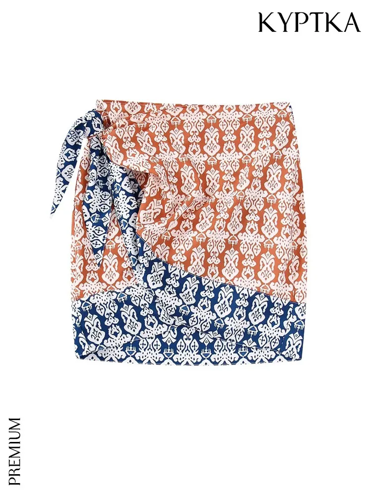 

KYPTKA Women Fashion Printed Wrap Sarong Mini Skirt Vintage High Waist With Bow Tied Female Skirts Mujer