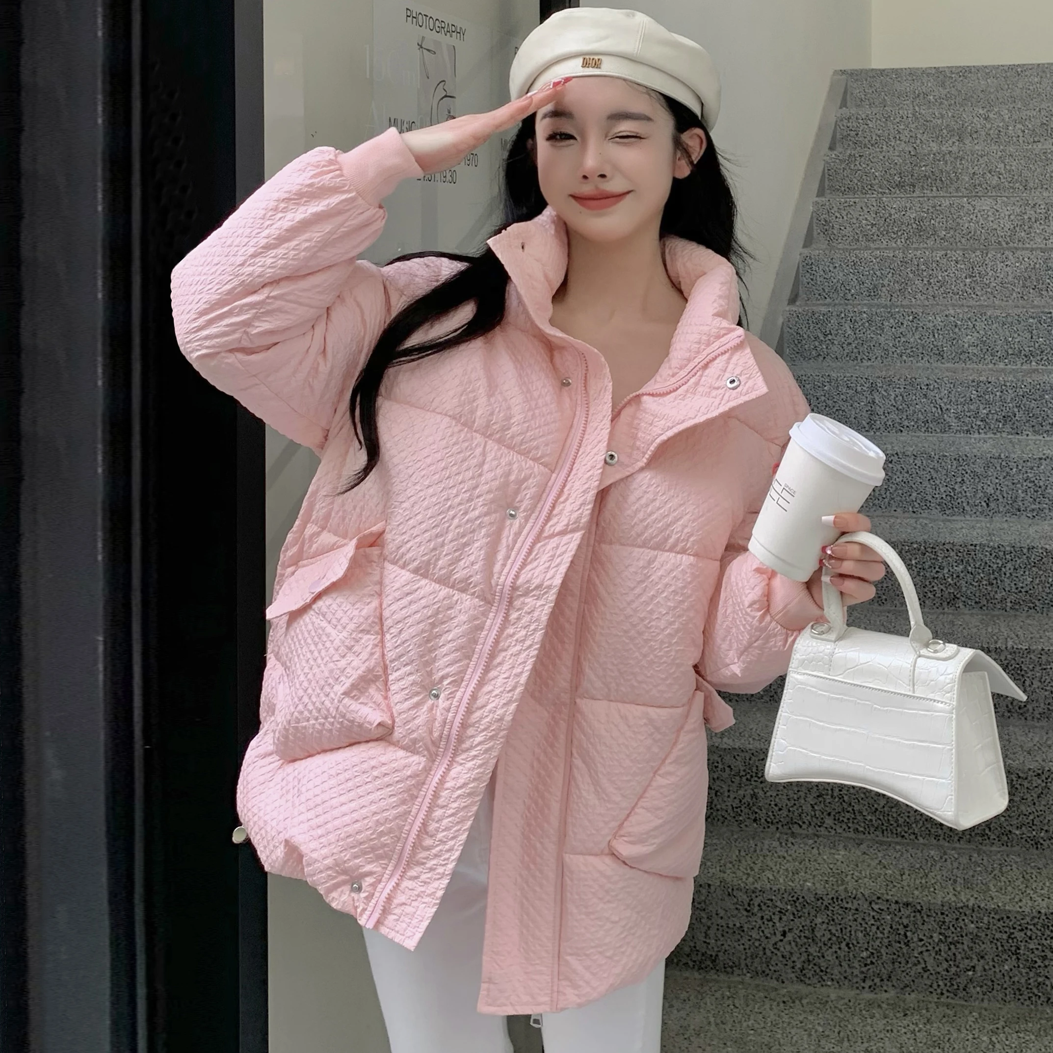 

Winter Warm Down Cotton Jacket Women 2022 Stand Collar Colorful Bubbles Loose Preppy Style Padded Parkas Solid Plus Size Coat