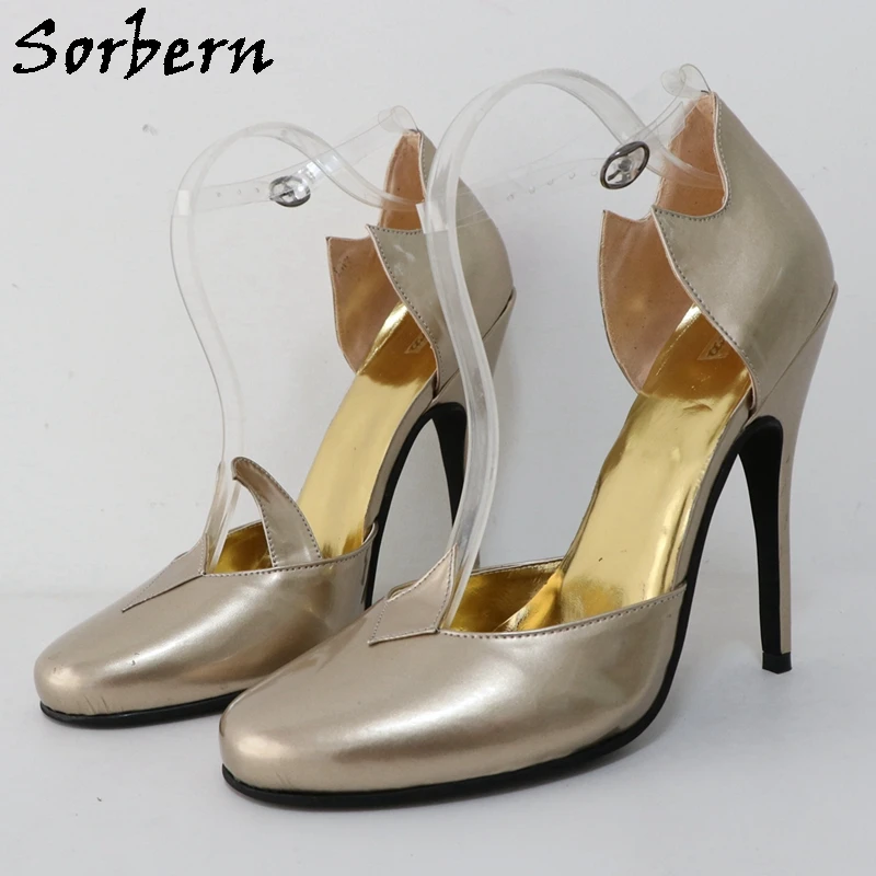 Sorbern Gold Real Leather Women Shoes 14Cm High Heel Round Toe Transparent Ankle Strap Stilettos Pumps Made-To-Order